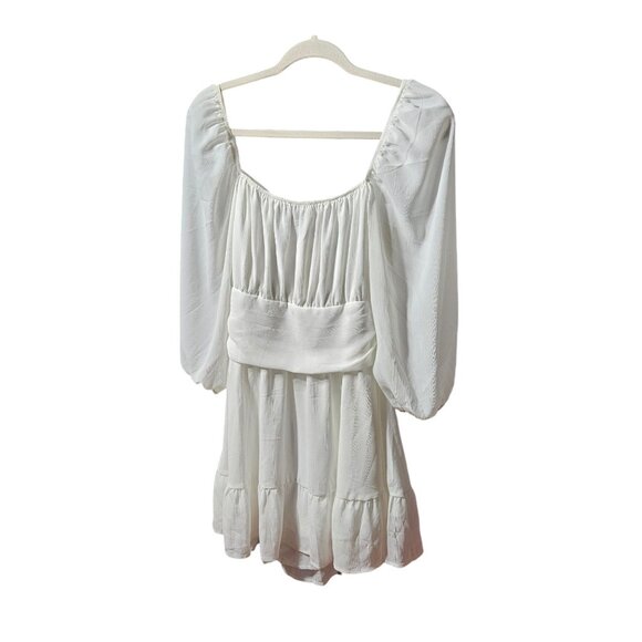 White Boho-Style Long Sleeve Dress With Smocked Waist & Open Back Tie Detail by - Picture 1 of 10